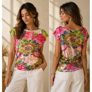 Expose Floral Blouse Women‎ M Ruched Waist Colorful Satin Maximalist Resort Boho